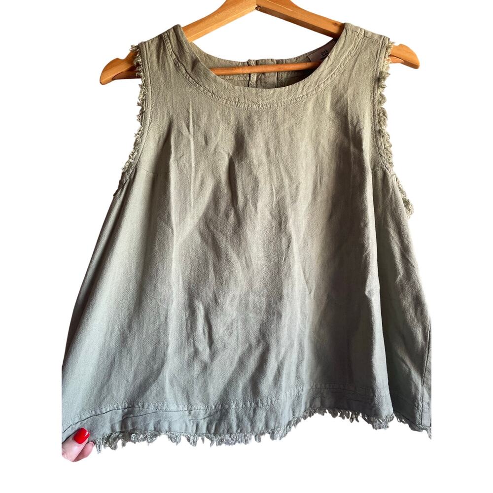 Women's L Sage Frayed Hem Linen Blouse Coastal Fairy